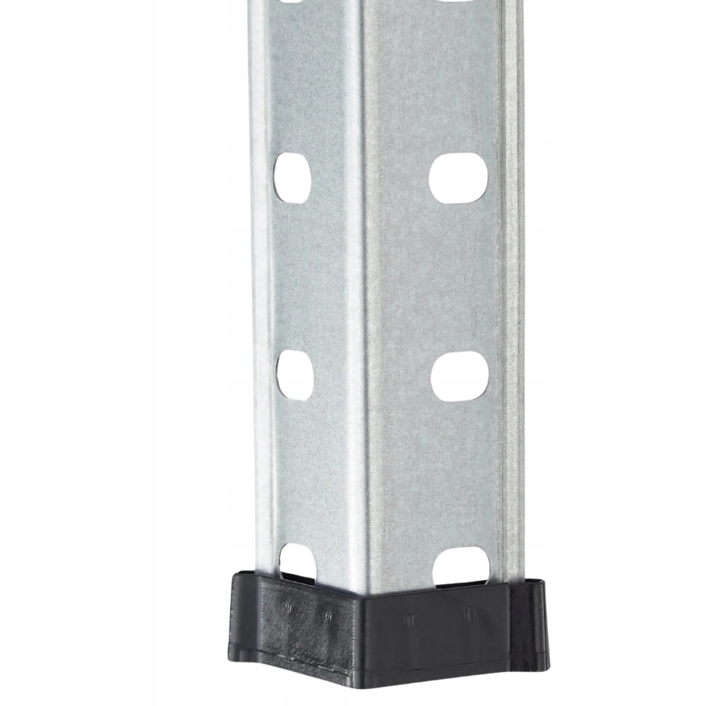Regał metalowy magazynowy skręcany warsztatowy 5 półek metalowych 180x90x40 300kg — Regał metalowy magazynowy skręcany warsztatowy Hompack24, detal nogi z plastikową stopką ochronną, konstrukcja z